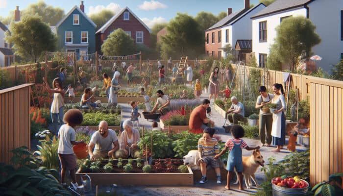 A vibrant community garden with families, children, and pets, fostering community bonds and environmental stewardship.