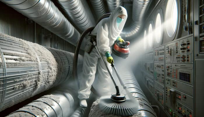 Technician cleaning ductwork with rotary brushes and vacuum, followed by applying sanitizing spray.