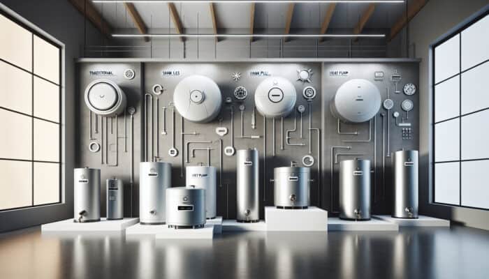 Hot Water Tank Services in Ladner Delta: A modern showroom displaying various hot water tanks including conventional, tankless, and heat pump models.