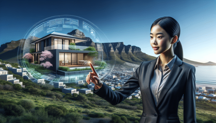 A real estate agent pointing at a modern mid-level property in Cape Town with Table Mountain and lush greenery in the background.