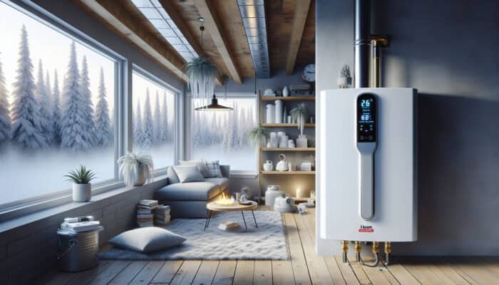 Tankless Water Heaters Services in Chilliwack: A modern tankless water heater with smart controls in a cosy Canadian basement, showing a snowy winter landscape through frosted windows.
