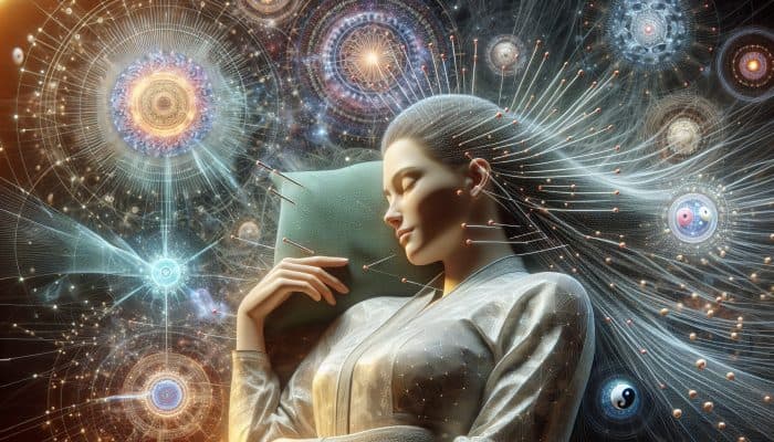 Affordable Acupuncture for Women: A serene woman receiving acupuncture, surrounded by symbols of balance and harmony, embodying wellness and vitality.