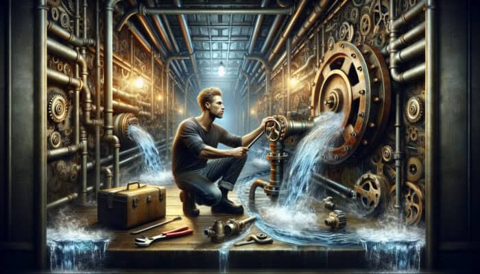 A plumber adjusts a rusted water valve in a dimly lit underground chamber, with surging water, scattered tools, steam, and gears.