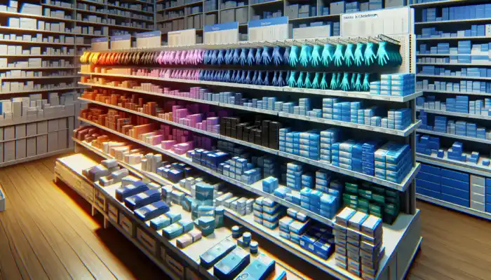 Nitrile Gloves in Cheltenham: Display of nitrile gloves in Cheltenham store: blue medical-grade, black industrial-grade, sized small to extra-large on shelves.