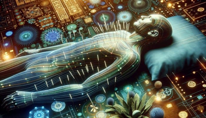 Acupuncture for Men’s Circulation: A serene acupuncture session with needles along glowing meridians, surrounded by Chinese medicinal herbs and Qi symbols.