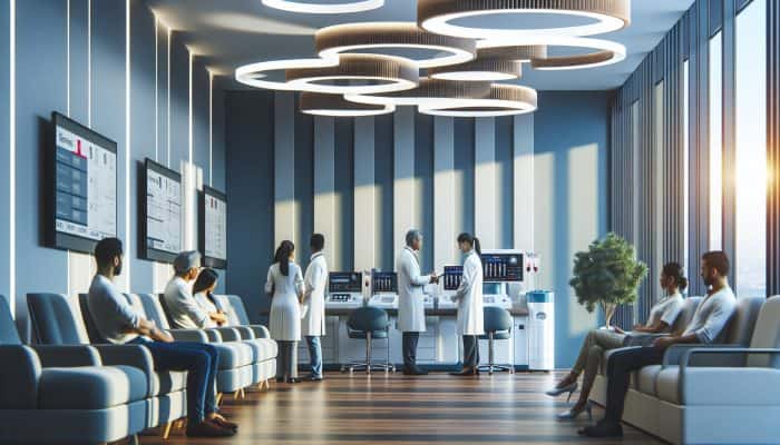 Cortisol Blood Test in Blackpool: technicians perform cortisol blood tests, diverse patients wait comfortably, doctors provide personalised care under bright lights.