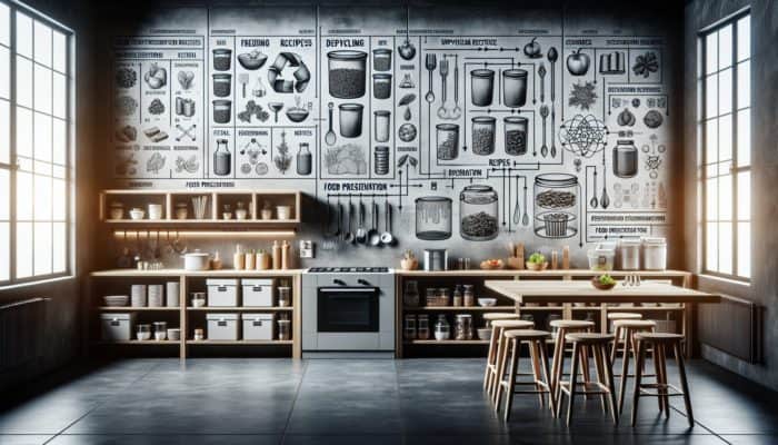 Kitchen scene featuring food scrap storage, upcycling recipes, and preservation methods like freezing, dehydrating, fermenting.